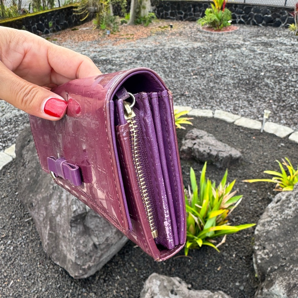 Lanvin Collection Patent Leather Long Wallet Purple Bow Zip Coin Purse - Picture 5 of 10